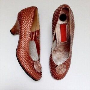 HESTER VAN EEGHEN Metallic Pink Woven Leather Copper Pumps Luxe Heels Sz 8.5